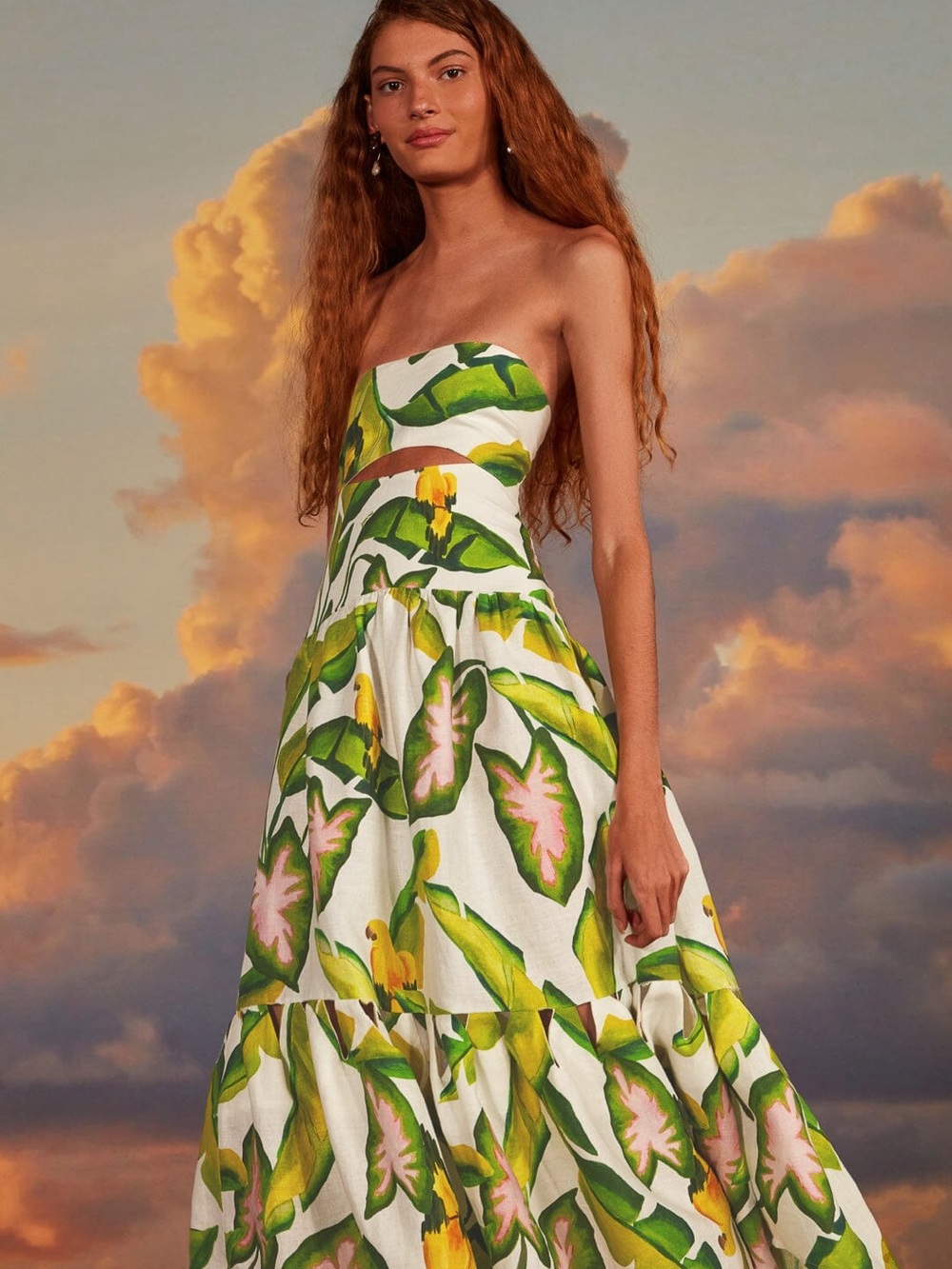 Farm Rio Off-White Summer Foliage Midi Dress Tropical Floral - Picture 2 of 4